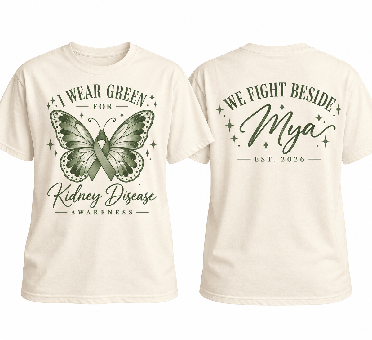 a white t-shirt with green butterflies and words